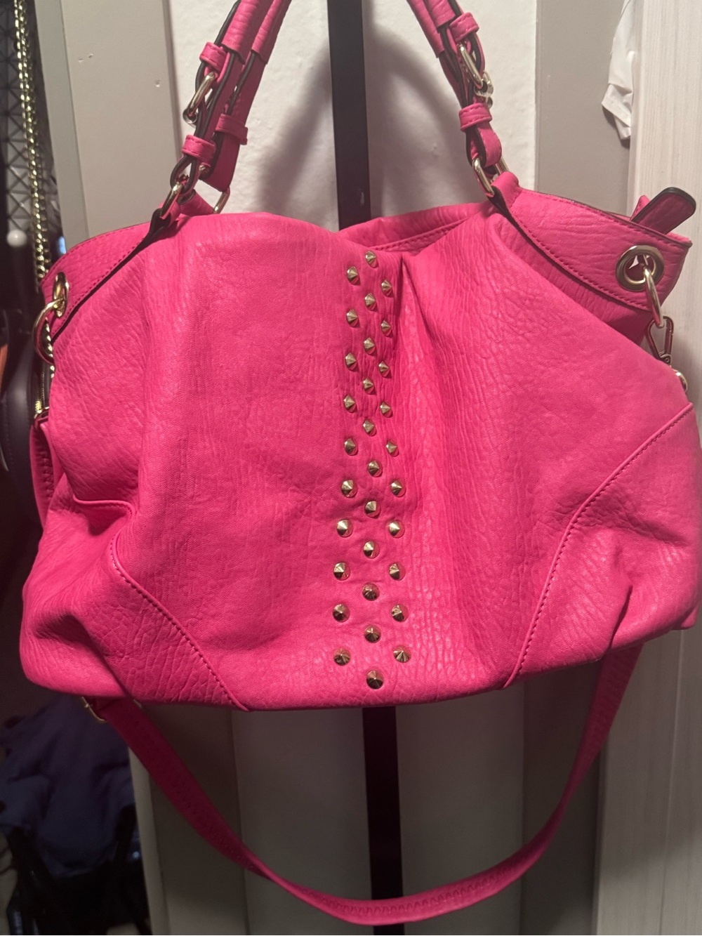 Hot Pink Studded Hobo Shoulder Bag